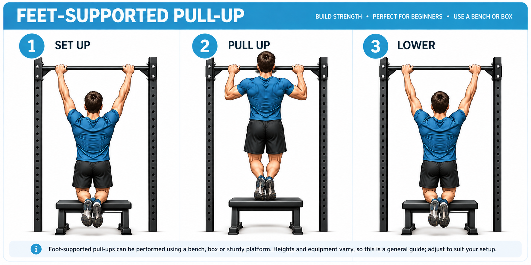 Three stages of a feet-supported pull-up using a stable platform: setup, pull upward, and lower with control.