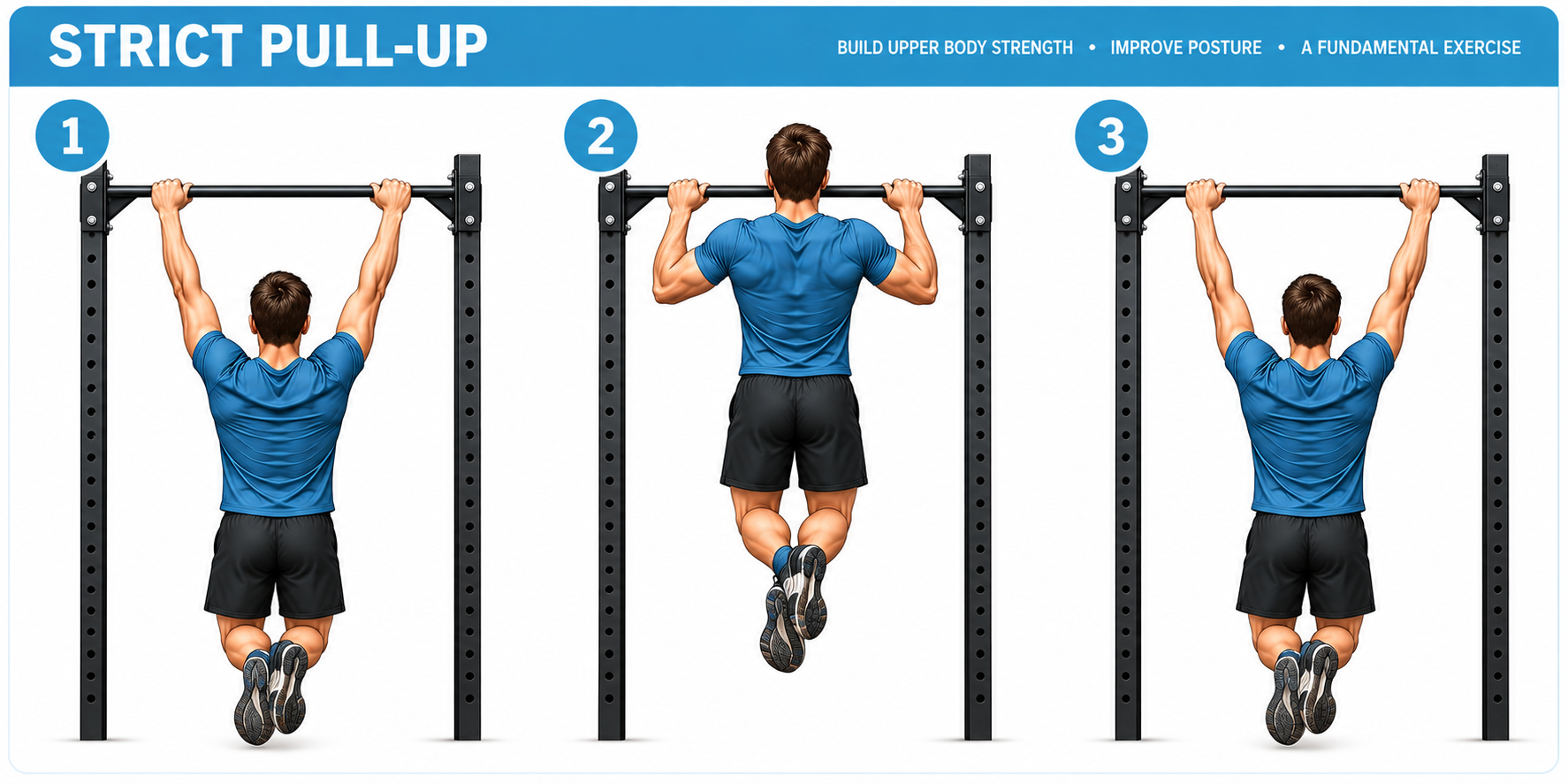 Three-panel illustration showing strict overhand pull-up starting position, upward pull, and controlled lowering.